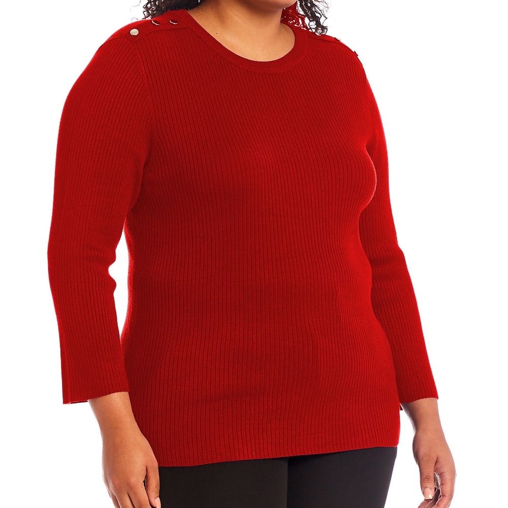 INVESTMENTS Plus Size Jewel Neck Long Sleeve Ribbed Sweater